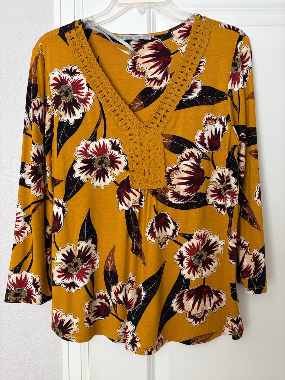 Daniel Rainn Mustard Floral V-Neck Crochet Trim Blouse